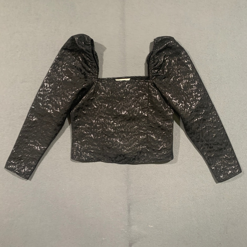 H&M Women's M Black Metallic Jacquard Puff‎ Sleeve Square Neck Crop Top Regency